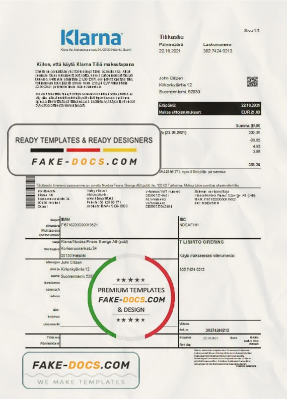 Finland Klarna Bank statement template in Excel and PDF format, in Finnish language Finland Klarna Bank statement template in Excel and PDF format, in Finnish language