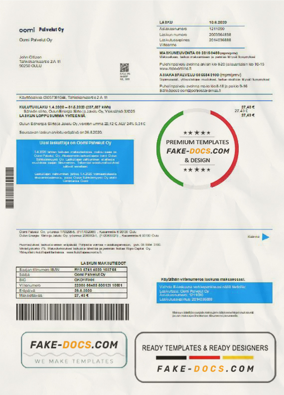 Finland Oomi Palvelut Oy electricity utility bill template in Word and PDF format scan