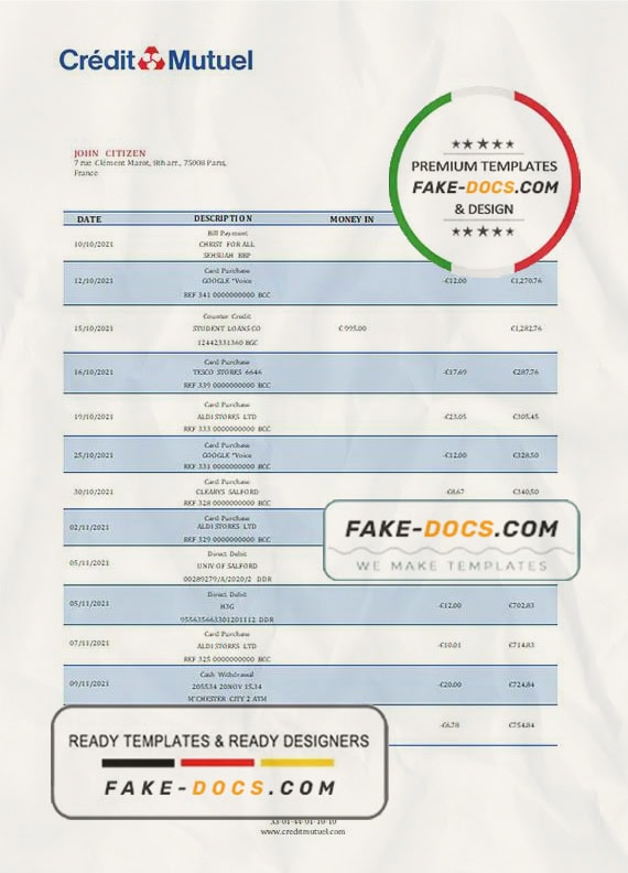 France Credit Mutuel bank statement template in Word and PDF (.doc and .pdf) format France Credit Mutuel bank statement template in Word and PDF (.doc and .pdf) format