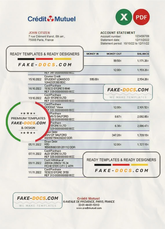 France Credit Mutuel bank statement Excel and PDF template France Credit Mutuel bank statement Excel and PDF template