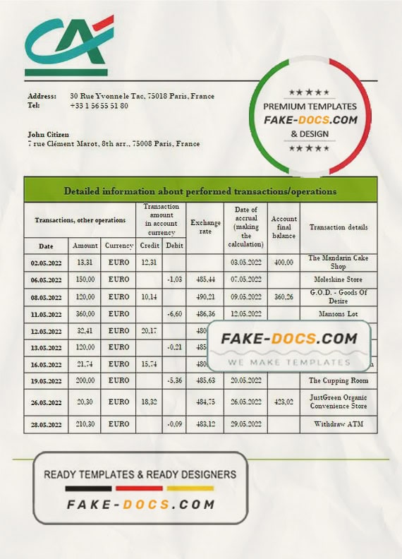 France Credite Agricole bank statement template in Word and PDF (.doc and .pdf) format France Credite Agricole bank statement template in Word and PDF (.doc and .pdf) format