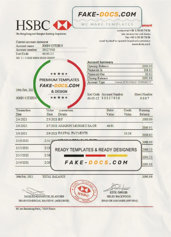 France HSBC bank statement template in .xls and .pdf file format France HSBC bank statement template in .xls and .pdf file format