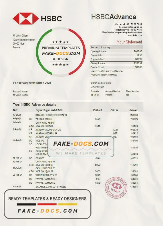 France HSBC bank statement template in Excel and PDF format France HSBC bank statement template in Excel and PDF format