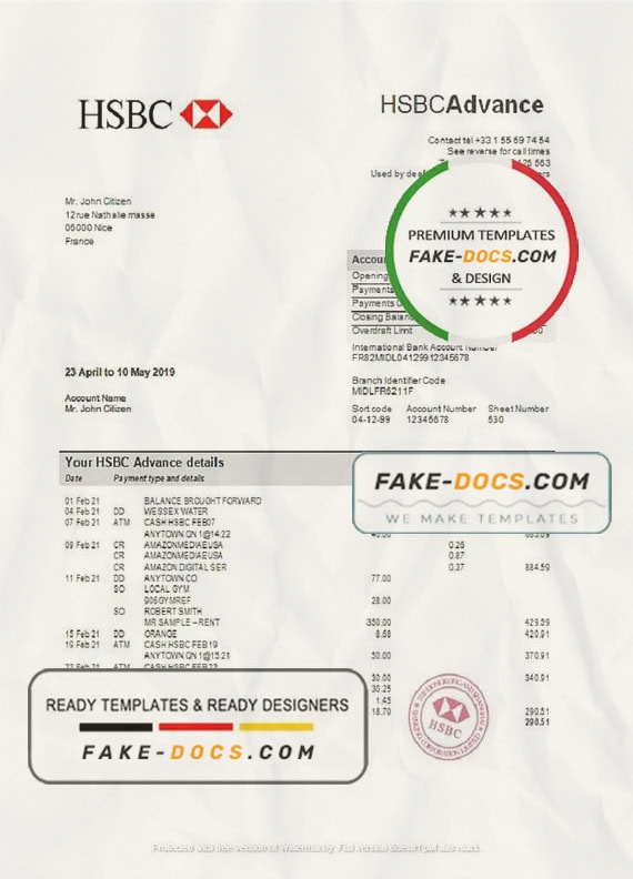 France HSBC bank statement template in Word and PDF format France HSBC bank statement template in Word and PDF format
