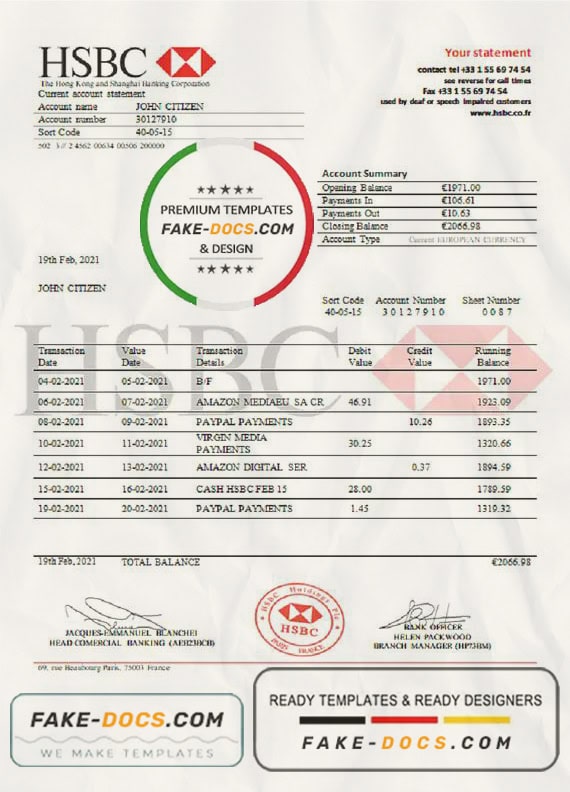 France HSBC bank statement template in .doc and .pdf format France HSBC bank statement template in .doc and .pdf format