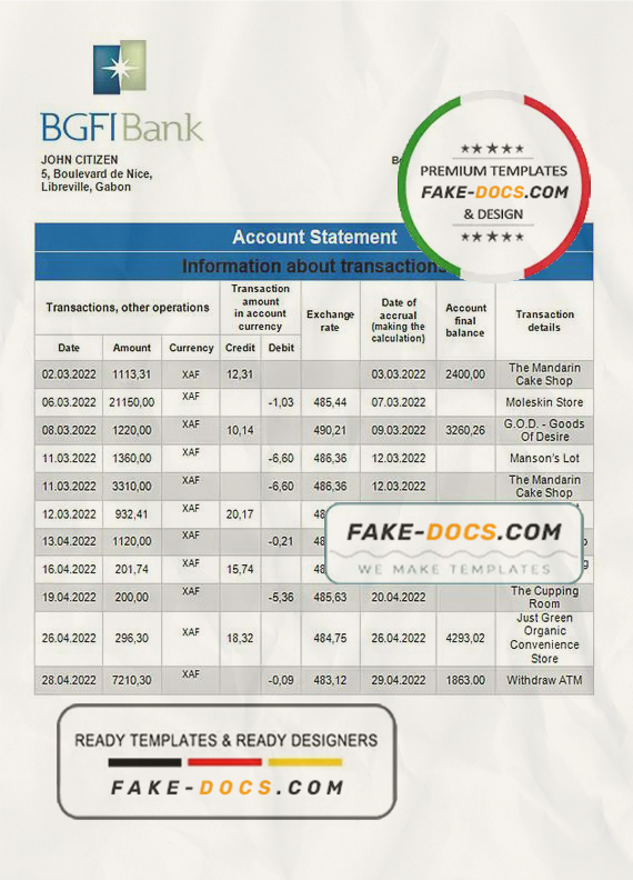Gabon BGFI bank statement template in Word and PDF format Gabon BGFI bank statement template in Word and PDF format