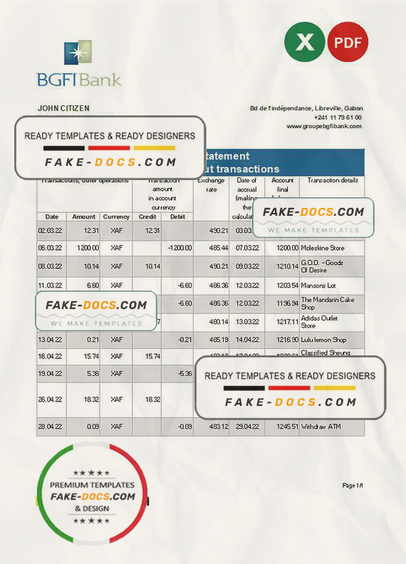 Gabon BGFI bank statement Excel and PDF template Gabon BGFI bank statement Excel and PDF template