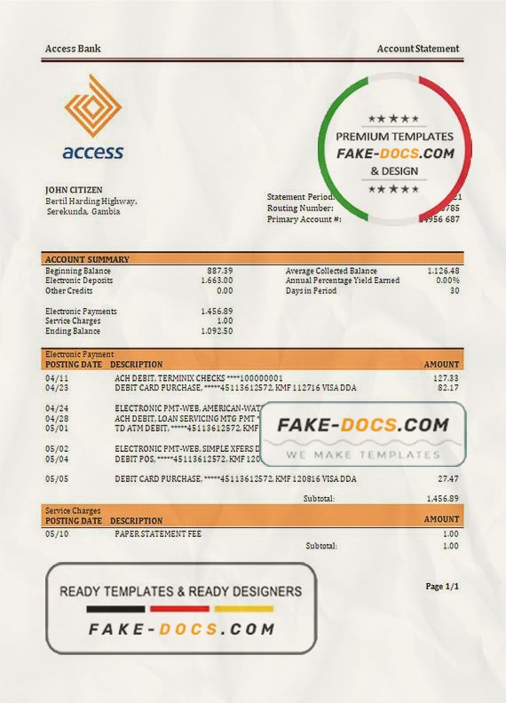 Gambia Access bank statement template in Word and PDF format Gambia Access bank statement template in Word and PDF format