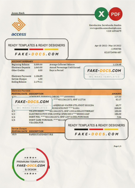 Gambia Access bank statement Excel and PDF template Gambia Access bank statement Excel and PDF template