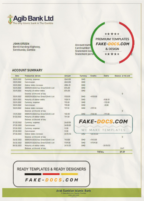 Gambia Arab Gambian Islamic bank statement template in Word and PDF format Gambia Arab Gambian Islamic bank statement template in Word and PDF format