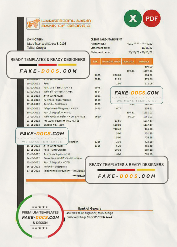 Georgia Bank of Georgia statement Excel and PDF template Georgia Bank of Georgia statement Excel and PDF template