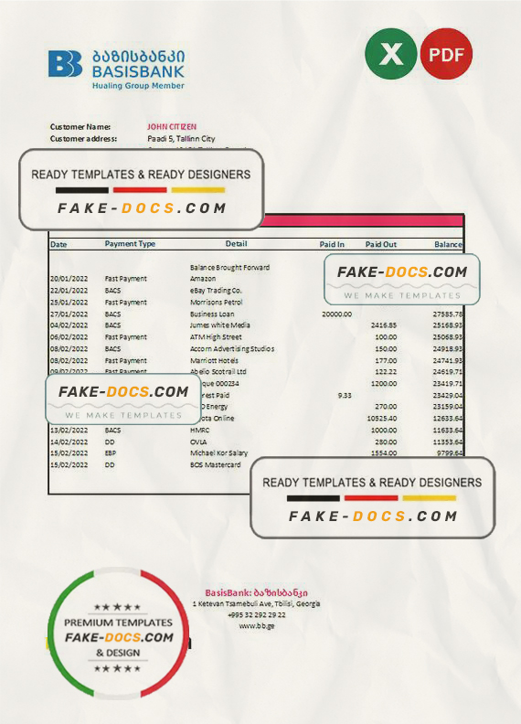 Georgia Basis Bank statement Excel and PDF template Georgia Basis Bank statement Excel and PDF template