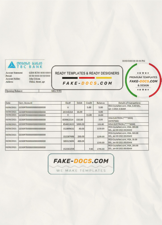 Georgia TBC Bank statement easy to fill template in Excel and PDF format Georgia TBC Bank statement easy to fill template in Excel and PDF format