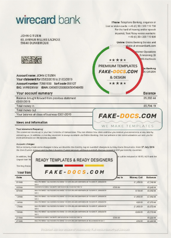 Germany Aschheim Wirecard bank statement easy to fill template in Word and PDF format Germany Aschheim Wirecard bank statement easy to fill template in Word and PDF format
