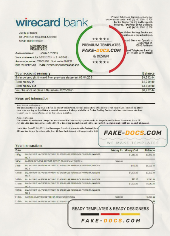 Germany Aschheim Wirecard bank statement easy to fill template in Excel and PDF format Germany Aschheim Wirecard bank statement easy to fill template in Excel and PDF format