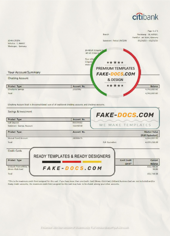 Germany Citibank bank account statement template in Word and PDF format Germany Citibank bank account statement template in Word and PDF format