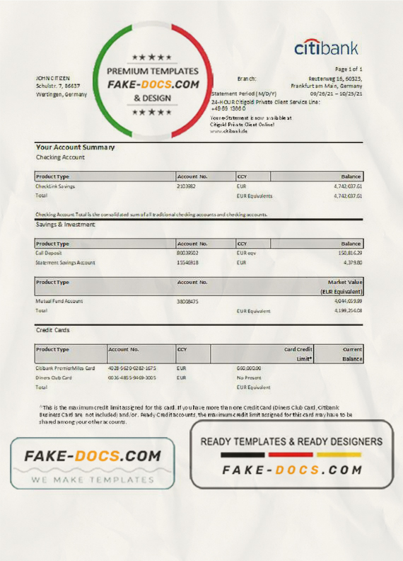 Germany Citibank bank account statement template in Excel and PDF format Germany Citibank bank account statement template in Excel and PDF format