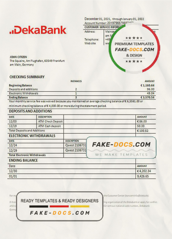 Germany Dekabank bank statement template in Word and PDF format Germany Dekabank bank statement template in Word and PDF format