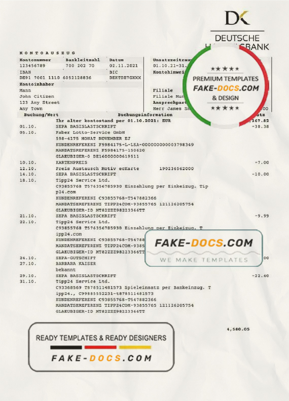 Germany Deutsche Handelsbank AG bank statement template in .doc and .pdf format Germany Deutsche Handelsbank AG bank statement template in .doc and .pdf format