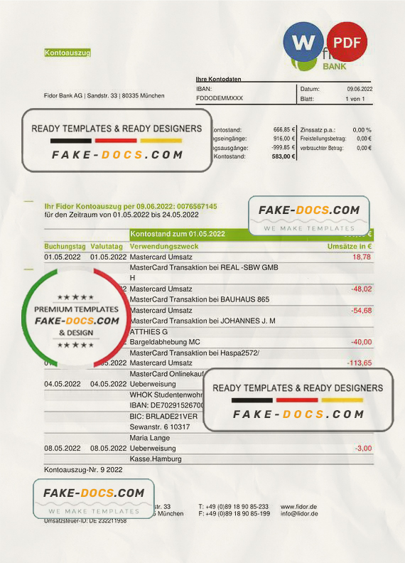 Germany Fidor bank statement, Word and PDF template Germany Fidor bank statement, Word and PDF template