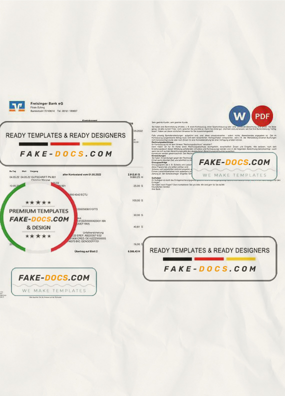 Germany Freisinger Bank eG bank statement, Word and PDF template, 2 pages Germany Freisinger Bank eG bank statement, Word and PDF template, 2 pages