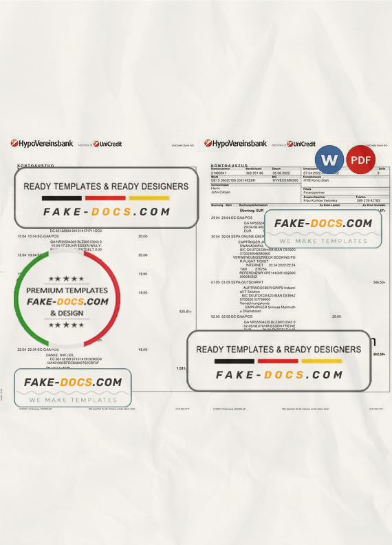 Germany HypoVereins bank statement, Word and PDF template, 3 pages Germany HypoVereins bank statement, Word and PDF template, 3 pages