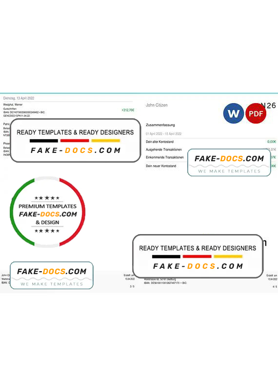 Germany N26 bank statement, Word and PDF template, 5 pages (in German language) Germany N26 bank statement, Word and PDF template, 5 pages (in German language)