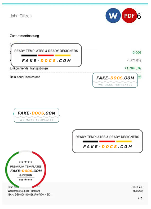 Germany N26 bank statement, Word and PDF template, 5 pages (in German language) Germany N26 bank statement, Word and PDF template, 5 pages (in German language)