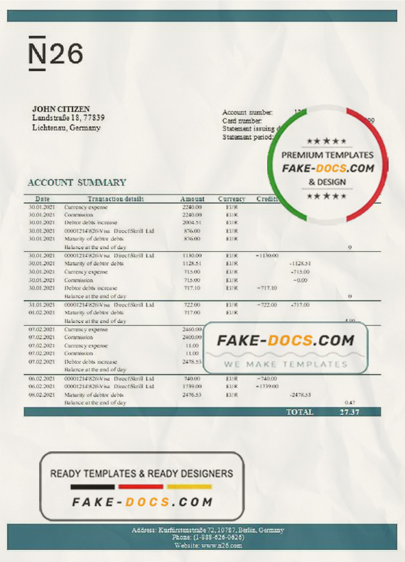 Germany N26 bank statement template in Excel and PDF format Germany N26 bank statement template in Excel and PDF format