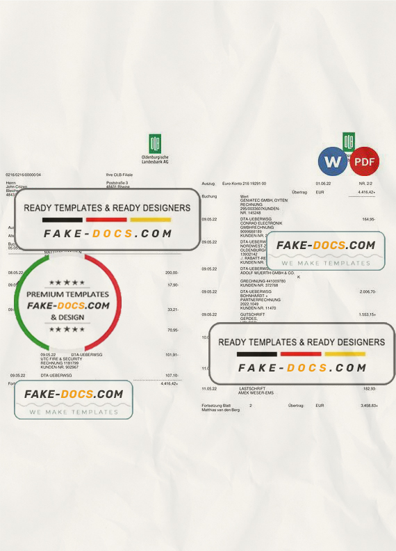 Germany Oldenburgische bank statement, Word and PDF template, 3 pages Germany Oldenburgische bank statement, Word and PDF template, 3 pages