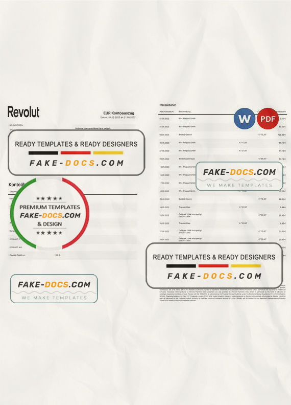 Germany Revolut EUR bank statement template in Word and PDF format, 2 pages Germany Revolut EUR bank statement template in Word and PDF format, 2 pages