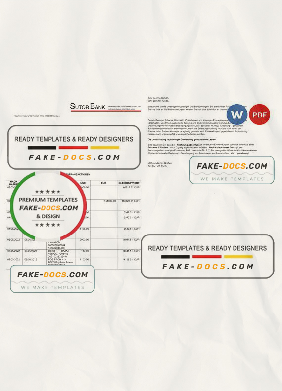 Germany Sutor bank statement, Word and PDF template, 2 pages Germany Sutor bank statement, Word and PDF template, 2 pages