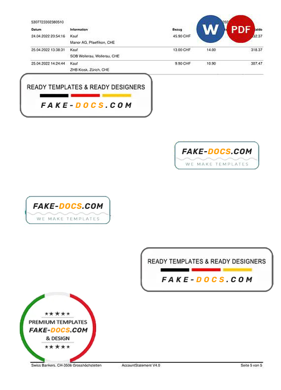 Germany Swiss Bank statement template in Word and PDF format in German language, 5 pages Germany Swiss Bank statement template in Word and PDF format in German language, 5 pages