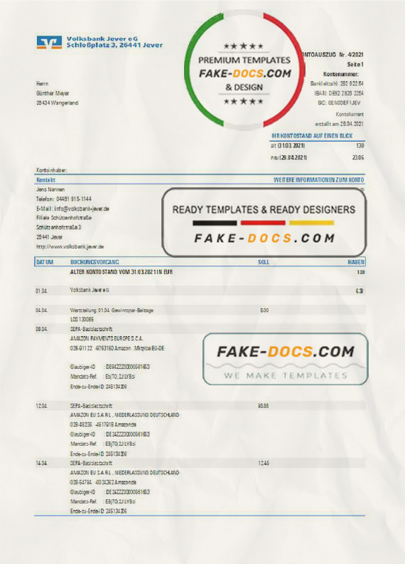 Germany Volksbank Jever statement template in Excel and PDF format Germany Volksbank Jever statement template in Excel and PDF format