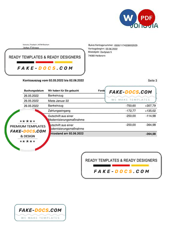 Germany Vonovia bank statement, Word and PDF template, 3 pages Germany Vonovia bank statement, Word and PDF template, 3 pages