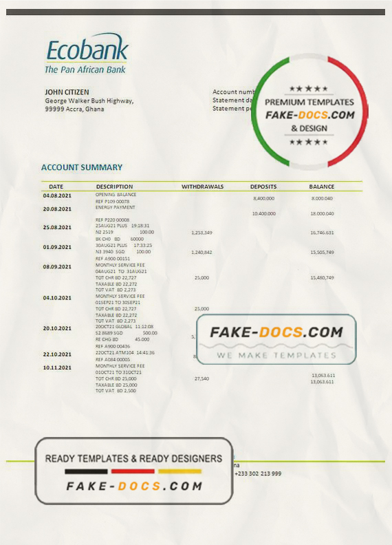 Ghana Ecobank proof of address bank statement template in Word and PDF format Ghana Ecobank proof of address bank statement template in Word and PDF format