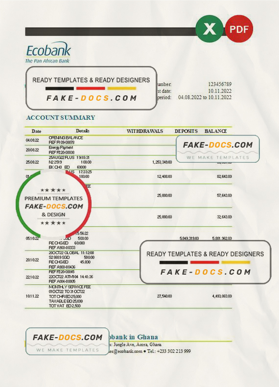 Ghana Ecobank bank statement Excel and PDF template Ghana Ecobank bank statement Excel and PDF template