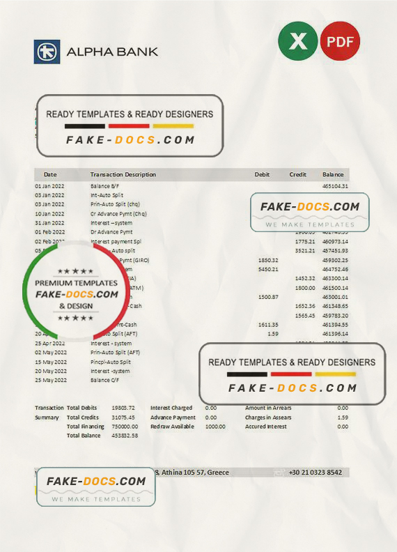Greece Alpha Bank statement Excel and PDF template Greece Alpha Bank statement Excel and PDF template