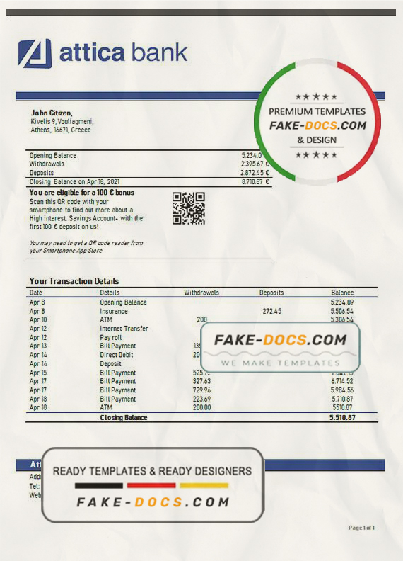 Greece Eurobank Ergasias bank statement easy to fill template in Excel and PDF format Greece Eurobank Ergasias bank statement easy to fill template in Excel and PDF format