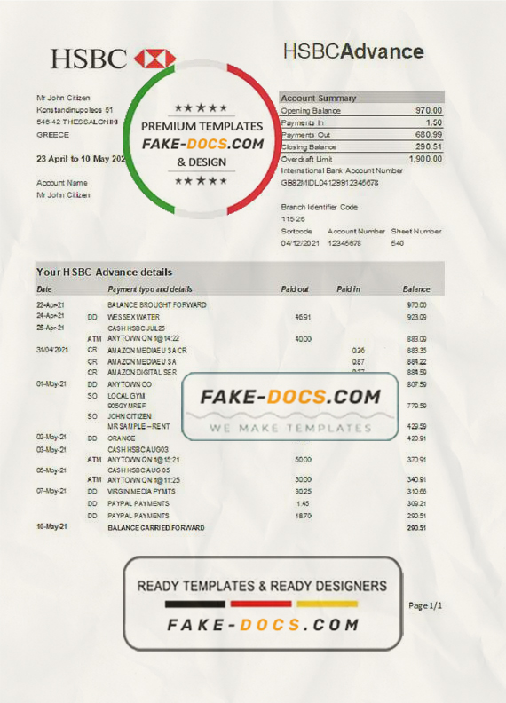 Greece HSBC bank statement easy to fill template in Excel and PDF format Greece HSBC bank statement easy to fill template in Excel and PDF format