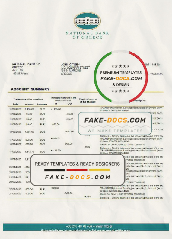 Greece National Bank of Greece proof of address bank statement template in Word and PDF format, .doc and .pdf format Greece National Bank of Greece proof of address bank statement template in Word and PDF format, .doc and .pdf format