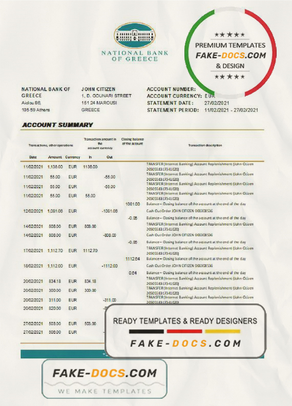 Greece National Bank of Greece bank statement template in .xls and .pdf file format Greece National Bank of Greece bank statement template in .xls and .pdf file format