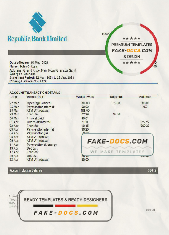 Grenada Republic bank statement template in Word and PDF format Grenada Republic bank statement template in Word and PDF format