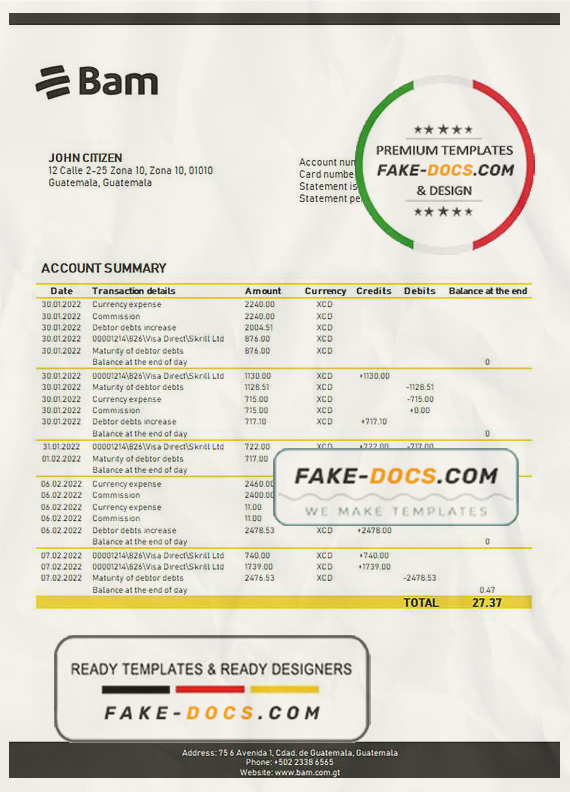 Guatemala Agromercantil proof of address bank statement template in Word and PDF format (.doc and .pdf) Guatemala Agromercantil proof of address bank statement template in Word and PDF format (.doc and .pdf)