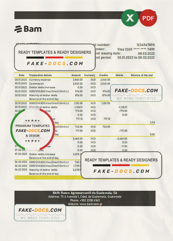 Guatemala Agromercantil bank statement Excel and PDF template Guatemala Agromercantil bank statement Excel and PDF template
