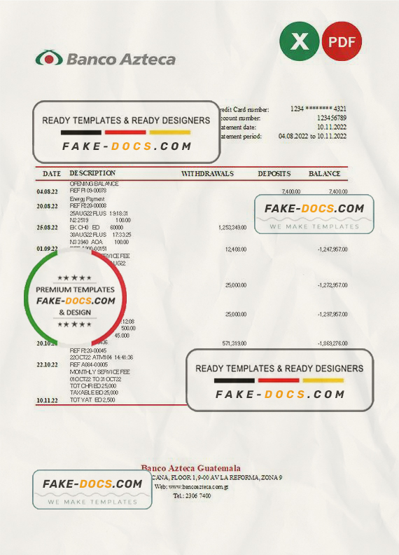 Guatemala Azteca bank statement Excel and PDF template Guatemala Azteca bank statement Excel and PDF template