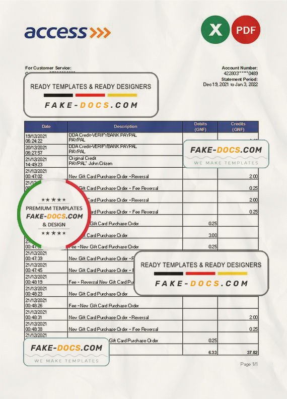 Guinea Access bank statement Excel and PDF template Guinea Access bank statement Excel and PDF template