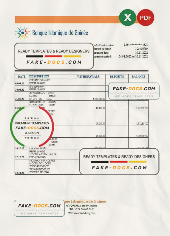 Guinea Banque Islamique de Guinée bank statement Excel and PDF template Guinea Banque Islamique de Guinée bank statement Excel and PDF template