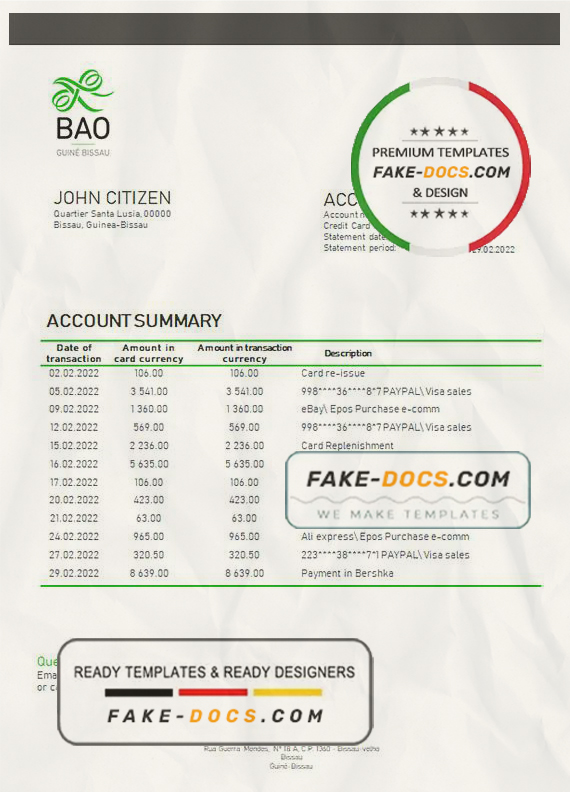 Guinea-Bissau Banco da Africa Ocidental proof of address bank statement template in Word and PDF format Guinea-Bissau Banco da Africa Ocidental proof of address bank statement template in Word and PDF format