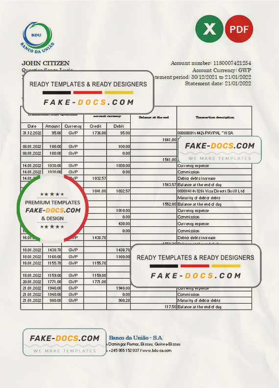 Guinea-Bissau Banco da Uniao bank statement Excel and PDF template Guinea-Bissau Banco da Uniao bank statement Excel and PDF template